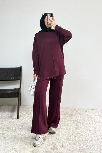 Plum Crew Neck Long Arm Without Accessories Regular Trousers Suit