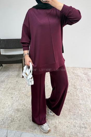 Plum Crew Neck Long Arm Without Accessories Regular Trousers Suit