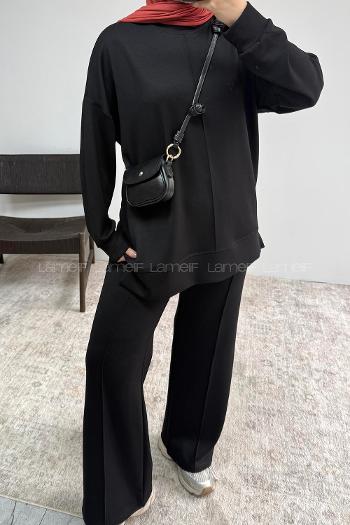 Black Crew Neck Long Arm Without Accessories Regular Trousers Suit