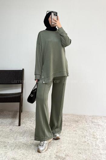 Khaki Crew Neck Long Arm Without Accessories Regular Trousers Suit