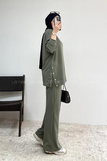 Khaki Crew Neck Long Arm Without Accessories Regular Trousers Suit