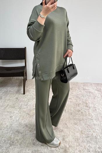 Khaki Crew Neck Long Arm Without Accessories Regular Trousers Suit