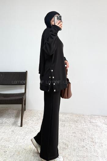 Black Crew Neck Long Arm Without Accessories Regular Trousers Suit