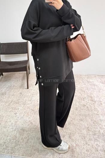 Black Crew Neck Long Arm Without Accessories Regular Trousers Suit