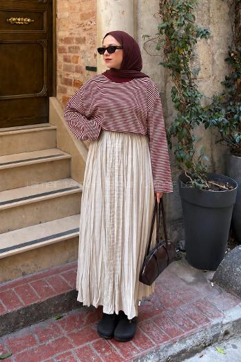 Lamelif Bisiklet Yaka Çizgili Bluz Bordo