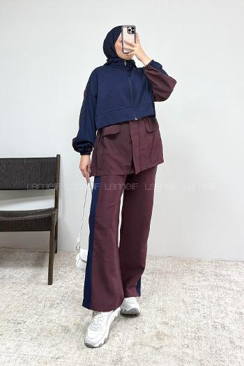 Plum Neckband Hood Neck Long Arm With Zipper Regular Trousers Suit