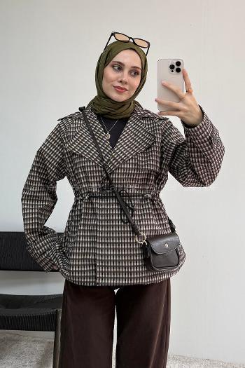 Lamelif Kruvaze Yaka Beli Tunelli Ekose Trenç Kahverengi