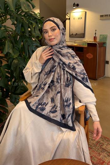 Lamelif Leaf Flower Desen Bambu Şal Lacivert