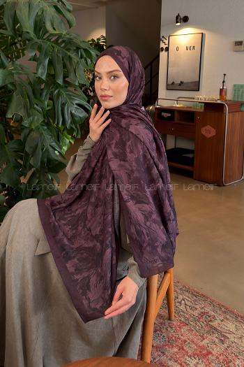 Lamelif Leaf Flower Desen Bambu Şal Mürdüm