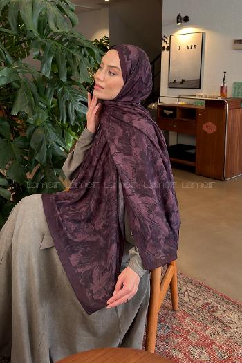 Lamelif Leaf Flower Desen Bambu Şal Mürdüm