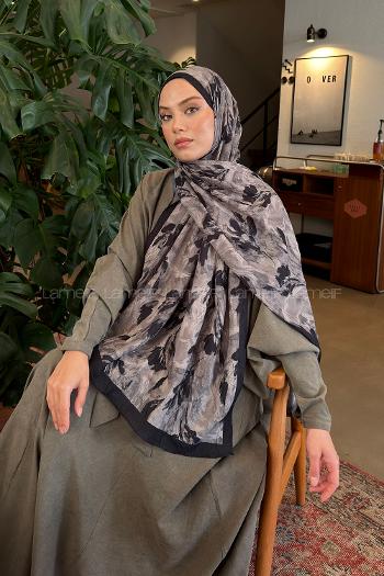 Lamelif Leaf Flower Desen Bambu Şal Siyah Vizon