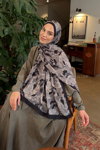 Lamelif Leaf Flower Desen Bambu Şal Siyah Vizon