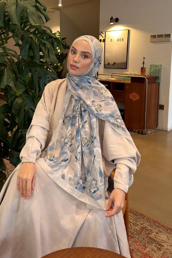 Lamelif Leaf Flower Desen Bambu Şal Taş Mavi