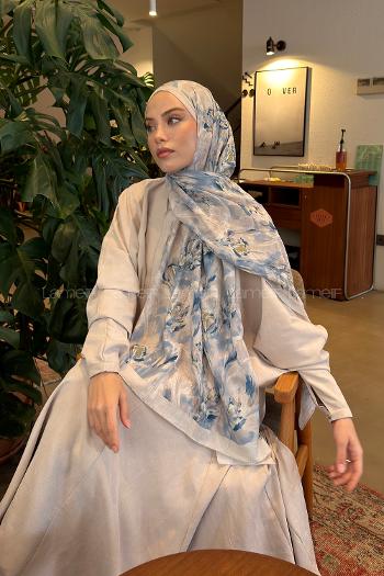 Lamelif Leaf Flower Desen Bambu Şal Taş Mavi