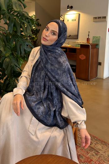 Lamelif Sarmaşık Desen Bambu Şal Lacivert