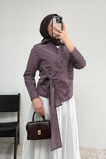 Lamelif Yandan Bağlamalı Çizgili Gömlek Mürdüm