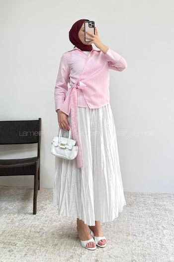 Lamelif Yandan Bağlamalı Çizgili Gömlek Pembe
