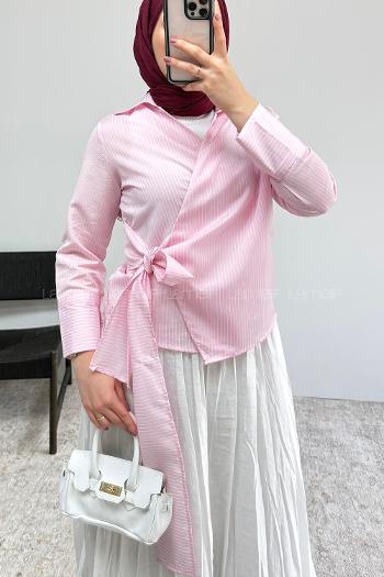 Lamelif Yandan Bağlamalı Çizgili Gömlek Pembe