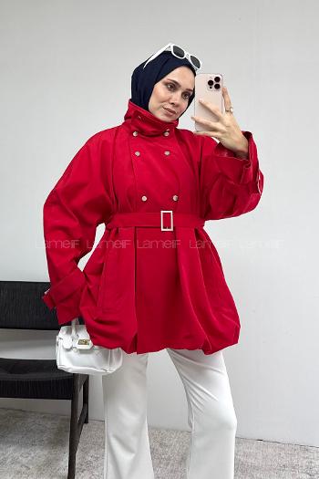 Lamelif Dik Yaka Kemer Detaylı Ceket Kırmızı