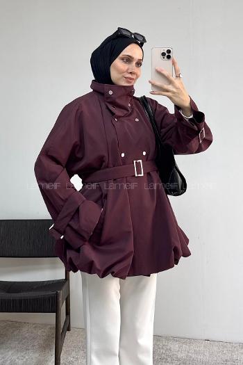 Lamelif Dik Yaka Kemer Detaylı Ceket Mürdüm
