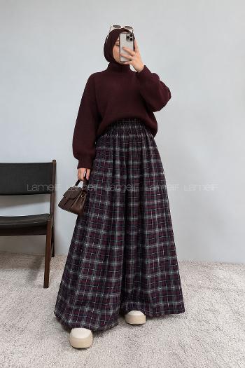 Lamelif Ekose Desenli Bol Paça Salaş Pantolon Bordo