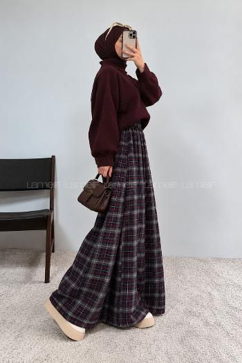Lamelif Ekose Desenli Bol Paça Salaş Pantolon Bordo