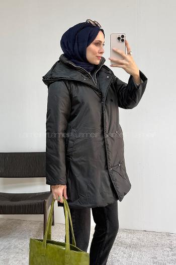 Lamelif Kapşonlu Gizli Fermuar Kapamalı Şişme Mont Siyah