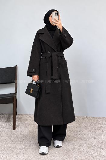 Lamelif Kruvaze Yaka Uzun Kaşe Kaban Siyah