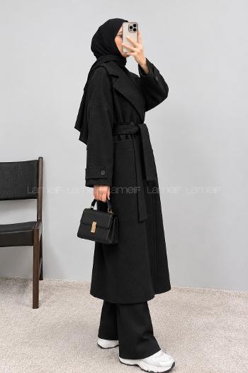 Lamelif Kruvaze Yaka Uzun Kaşe Kaban Siyah