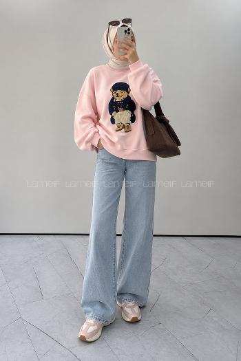 Lamelif Ayıcık Nakışlı Üç İplik Sweat Pembe