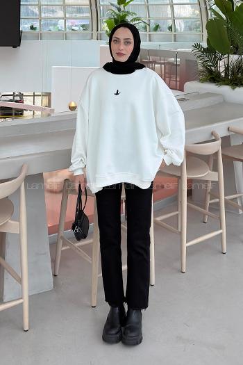 Lamelif Basic Kuş Detaylı Oversize Sweatshirt Beyaz