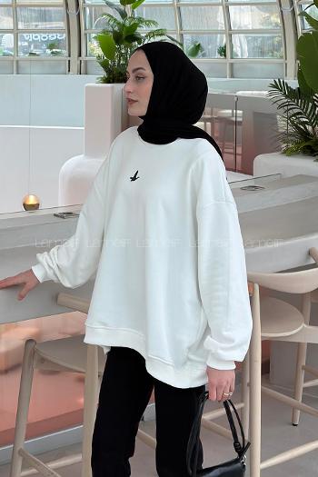 Lamelif Basic Kuş Detaylı Oversize Sweatshirt Beyaz