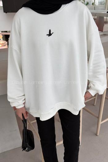 Lamelif Basic Kuş Detaylı Oversize Sweatshirt Beyaz