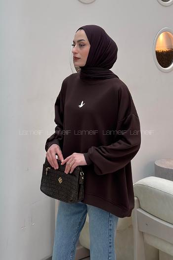 Lamelif Basic Kuş Detaylı Oversize Sweatshirt Kahverengi