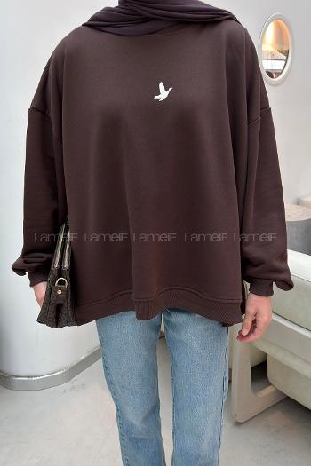 Lamelif Basic Kuş Detaylı Oversize Sweatshirt Kahverengi
