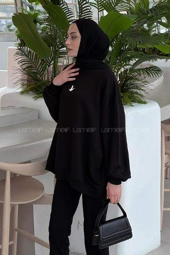 Lamelif Basic Kuş Detaylı Oversize Sweatshirt Siyah