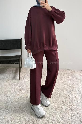 Lamelif Bisiklet Yaka Önü Çımalı İkili Takım Mürdüm