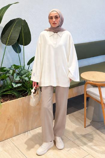 Ecru Polo Neck Collar Modal Oysho Unprinted Tunic