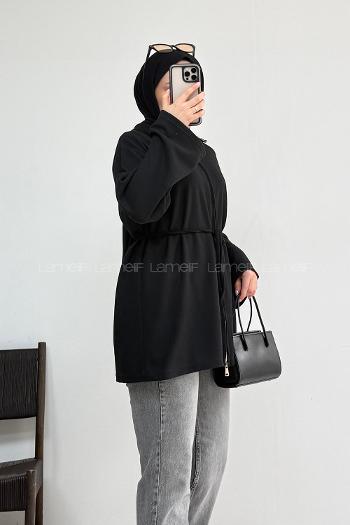 Lamelif Fermuar Kapamalı Bel Bağcıklı Tunik Siyah