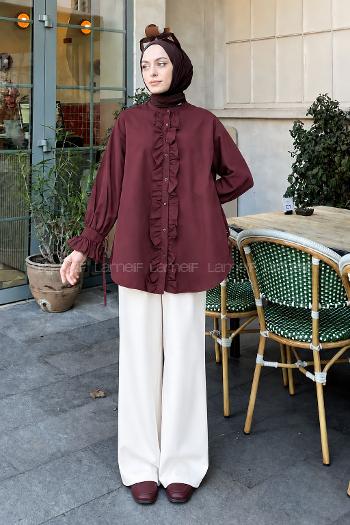 Lamelif Flores Fırfırlı Tunik Mürdüm