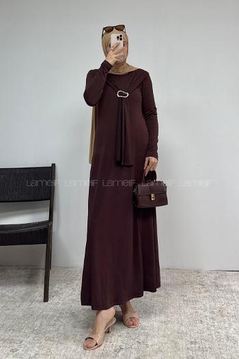 Lamelif Fular Detaylı Sandy Elbise Acı Kahve