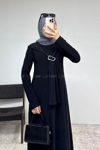 Lamelif Fular Detaylı Sandy Elbise Siyah