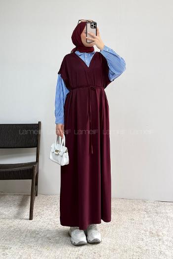 Lamelif Gömlek Garnili Uzun Elbise Mürdüm