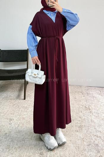 Lamelif Gömlek Garnili Uzun Elbise Mürdüm