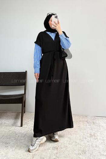 Lamelif Gömlek Garnili Uzun Elbise Siyah
