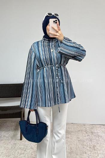 Lamelif İp Bağlamalı Çizgili Tunik Lacivert