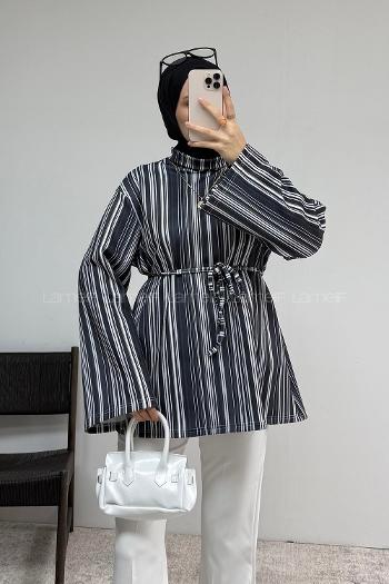 Lamelif İp Bağlamalı Çizgili Tunik Siyah