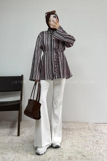 Lamelif İp Bağlamalı Çizgili Tunik Soft Mürdüm