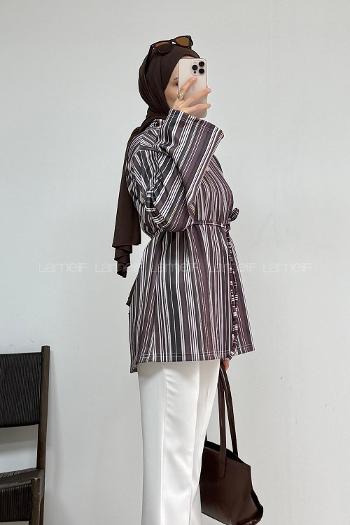 Lamelif İp Bağlamalı Çizgili Tunik Soft Mürdüm