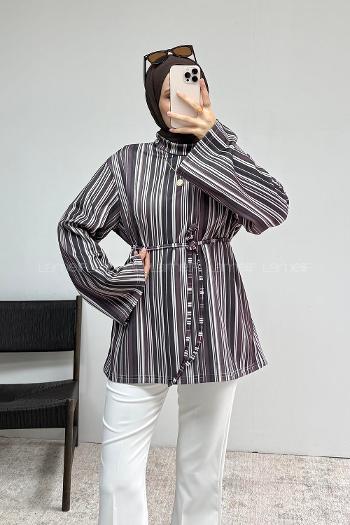 Lamelif İp Bağlamalı Çizgili Tunik Soft Mürdüm